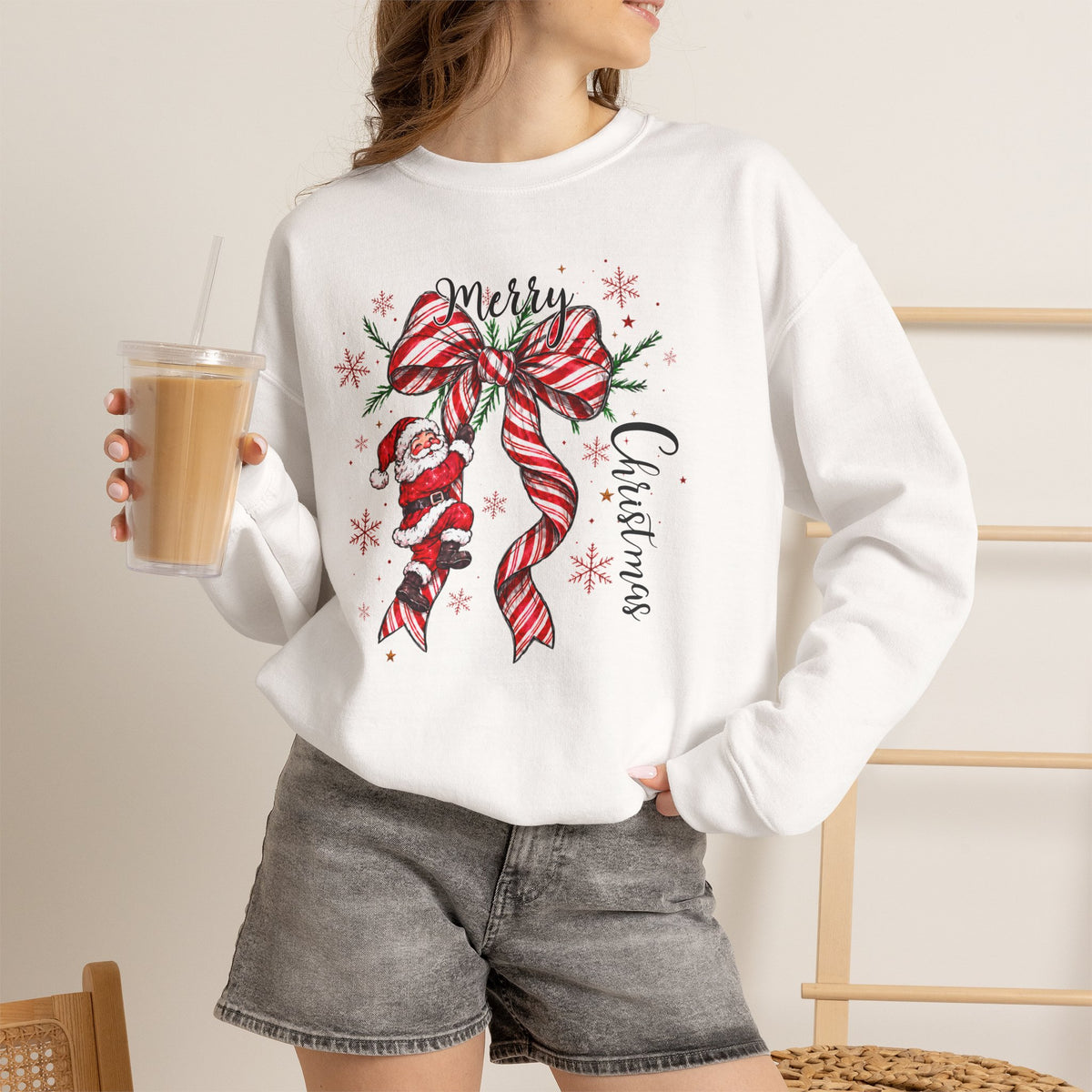 Merry Christmas Sweatshirt, Santa Bow Candy Cane Sweatshirt, Christmas Snowflake Sweatshirt, Womens Holiday Sweatshirt, Christmas Gift