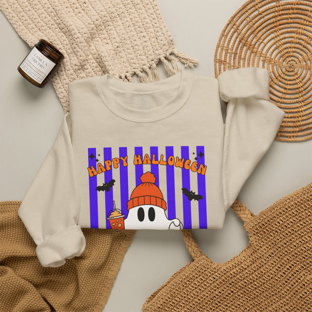 Boo Ghost Halloween Sweatshirt, Cute Ghost Pumpkin Striped Crewneck, Witch Hat Ghost Shirt, Fall Halloween Sweater, Halloween Gift