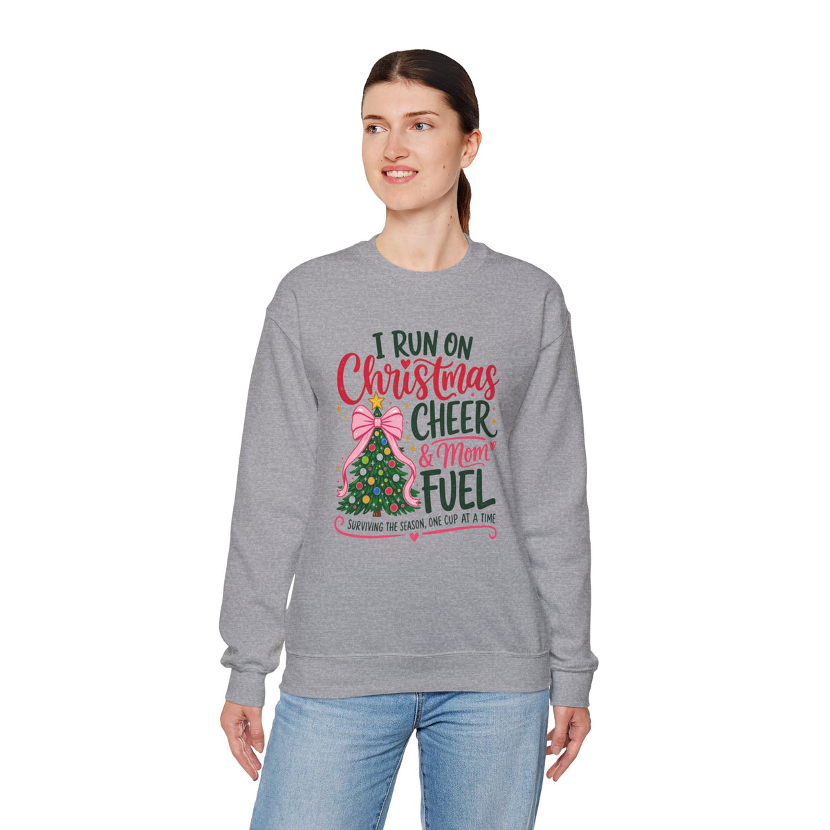 Christmas Mom Sweatshirt, I Run On Christmas Cheer And Mom Fuel, Funny Holiday Shirt, Coffee Lover Mom Gift, Xmas Tree Crewneck