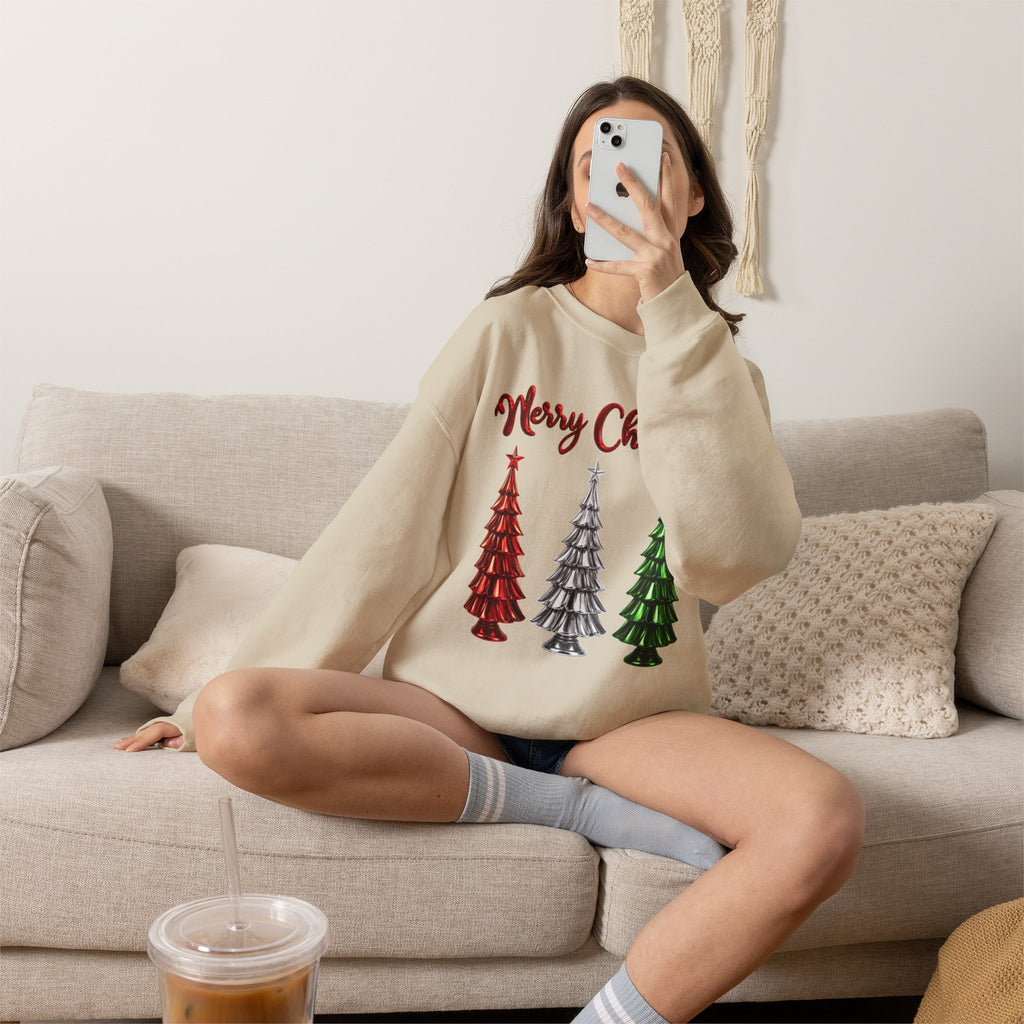 Merry Christmas Sweatshirt, Three Christmas Trees Shirt, Metallic Trees Sweater, Forest Green Christmas Crewneck, Holiday Gift for Her