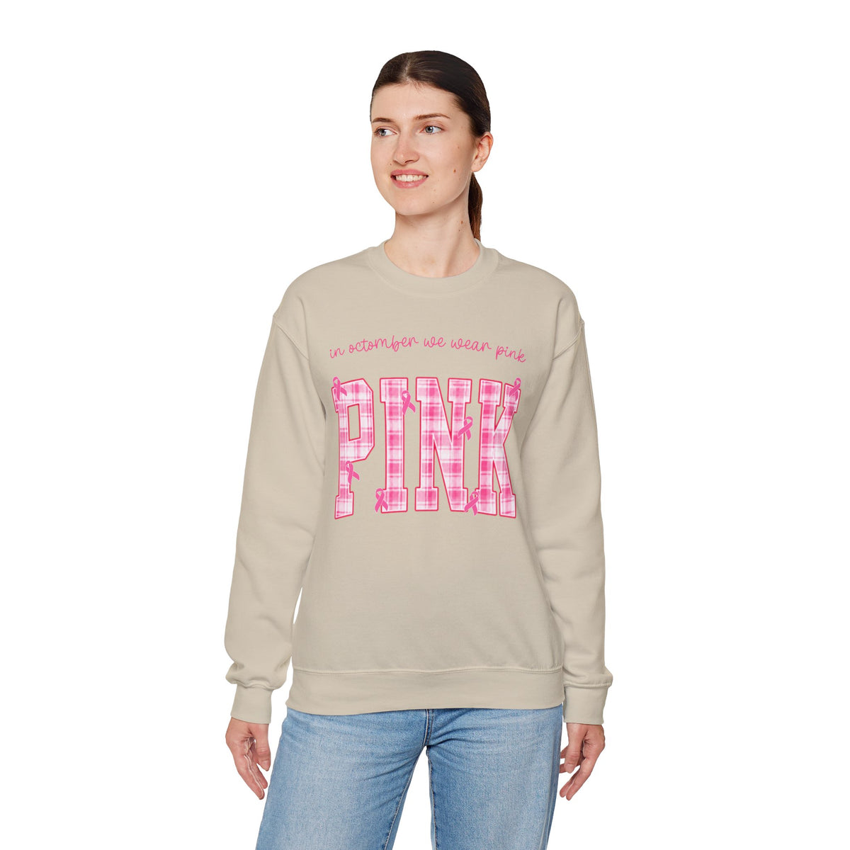 In October We Wear Pink Sweatshirt, Breast Cancer Awareness Top, Pink Plaid Design, Survivor Support Shirt, Pink Ribbon Top