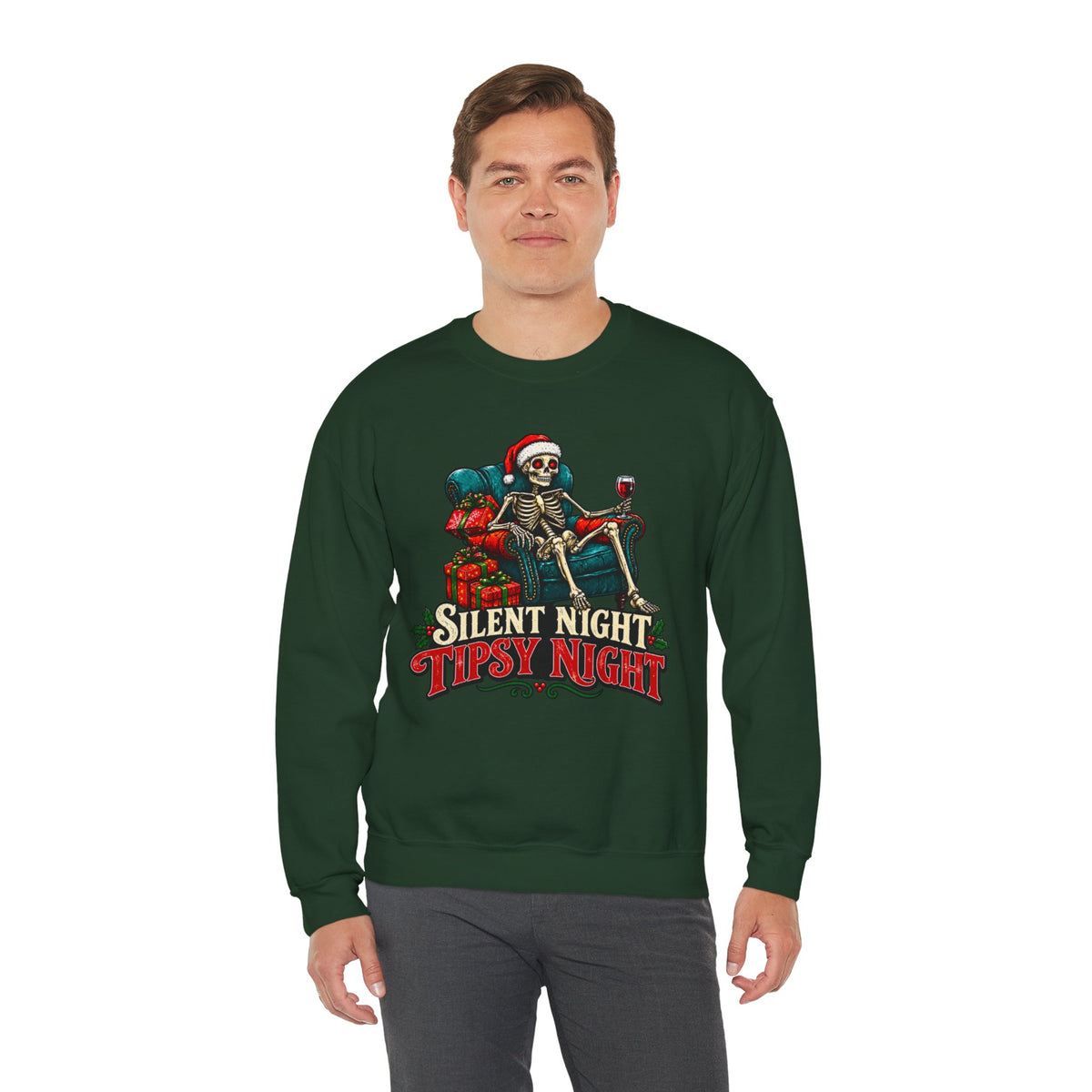 Christmas Skeleton Sweatshirt, Silent Night Tipsy Night Shirt, Funny Skeleton Santa Wine Sweatshirt, Skeleton Christmas Shirt, Holiday Tee
