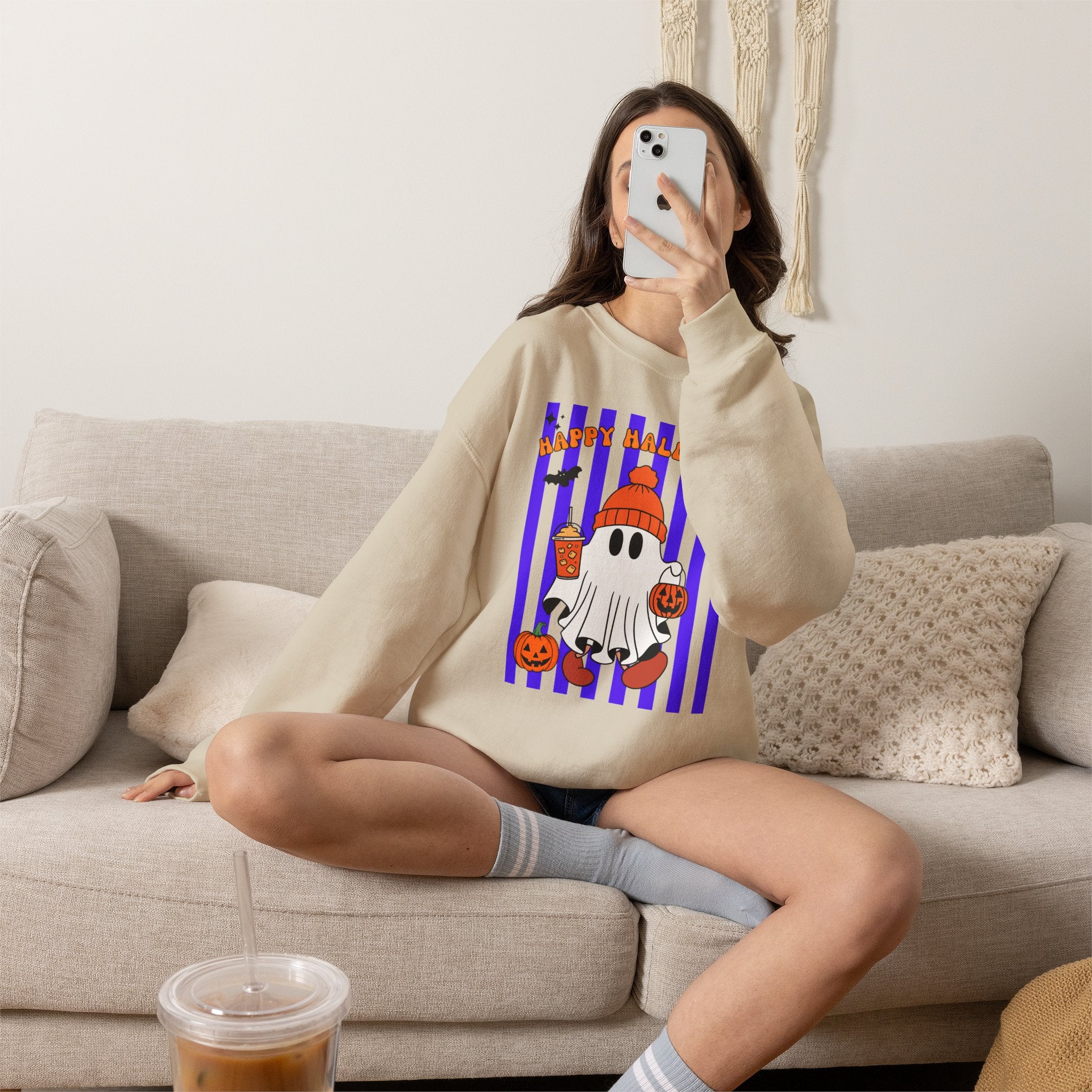 Boo Ghost Halloween Sweatshirt, Cute Ghost Pumpkin Striped Crewneck, Witch Hat Ghost Shirt, Fall Halloween Sweater, Halloween Gift