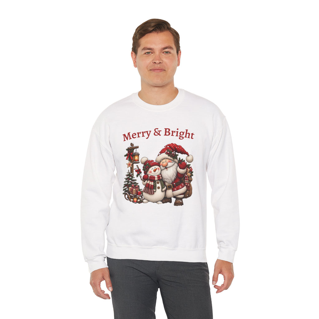 Merry & Bright Sweatshirt, Santa Snowman Christmas Shirt, Vintage Holiday Crewneck, Festive Christmas Tee, Xmas Gift Sweatshirt for Her