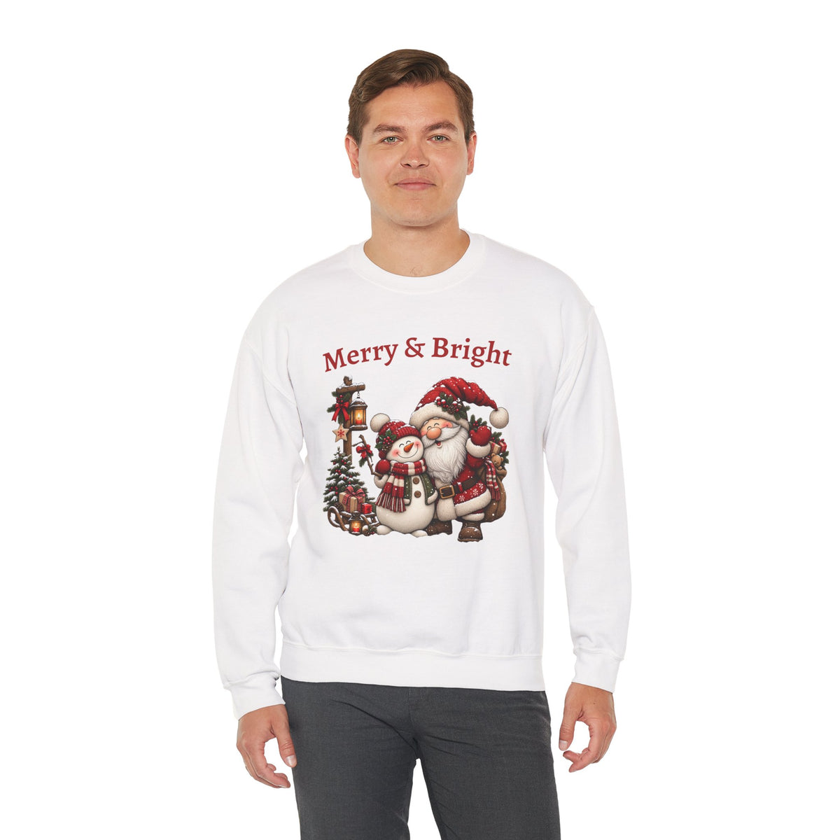 Merry & Bright Sweatshirt, Santa Snowman Christmas Shirt, Vintage Holiday Crewneck, Festive Christmas Tee, Xmas Gift Sweatshirt for Her