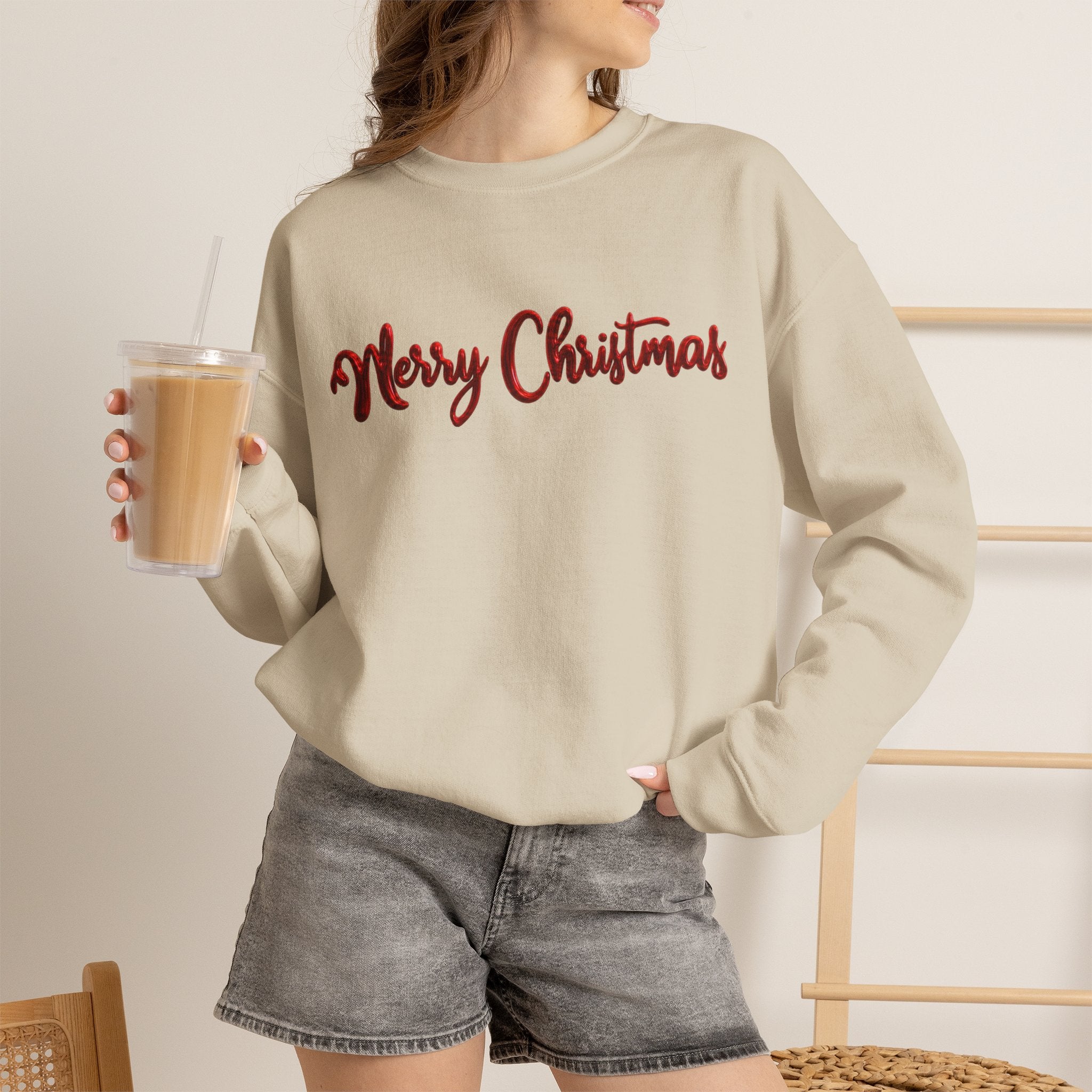 Merry Christmas Sweatshirt, Green Crewneck with Red Metallic Script Font, Christmas Shirt, Holiday Sweater, Xmas Gift for Her, Gift for Him
