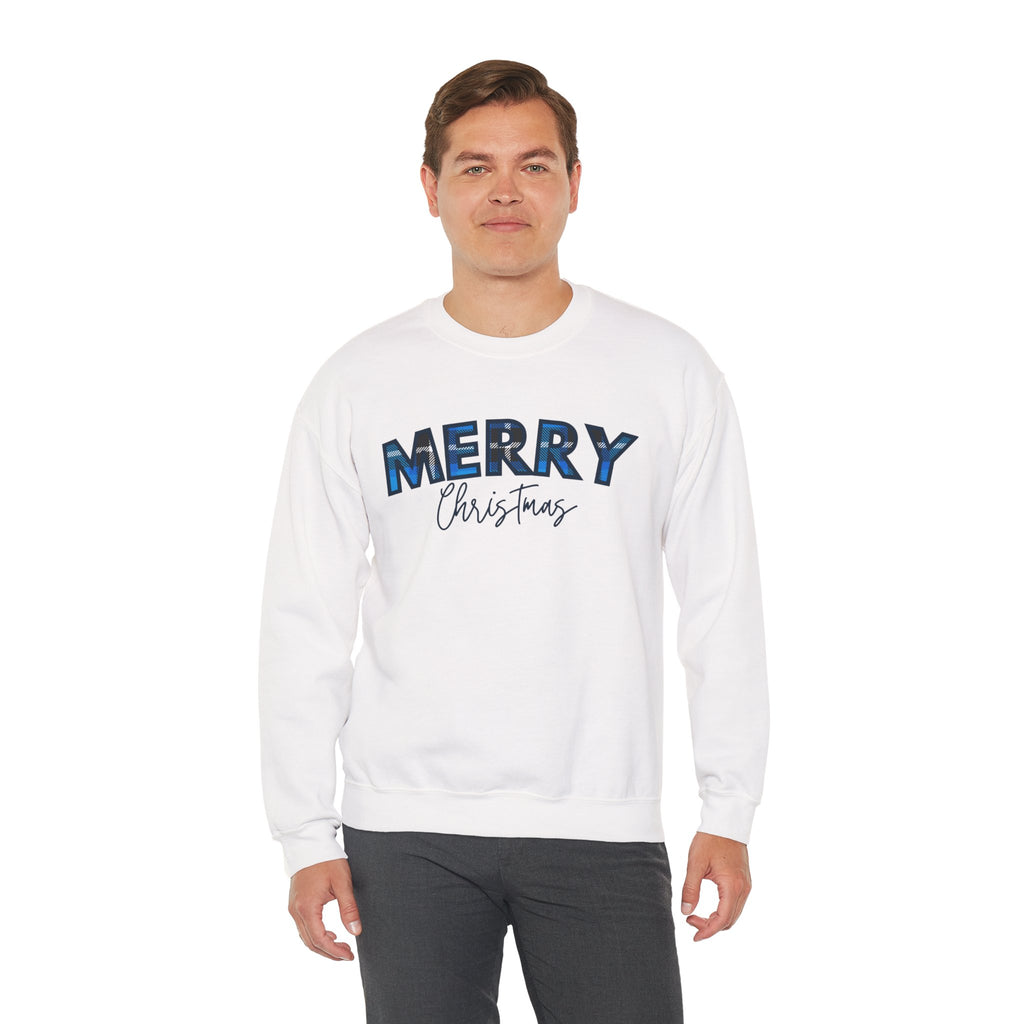 Merry Christmas Blue Plaid Sweatshirt | Buffalo Check Christmas Shirt | Winter Holiday Crewneck | Xmas Gift for Her | Cozy Christmas Top