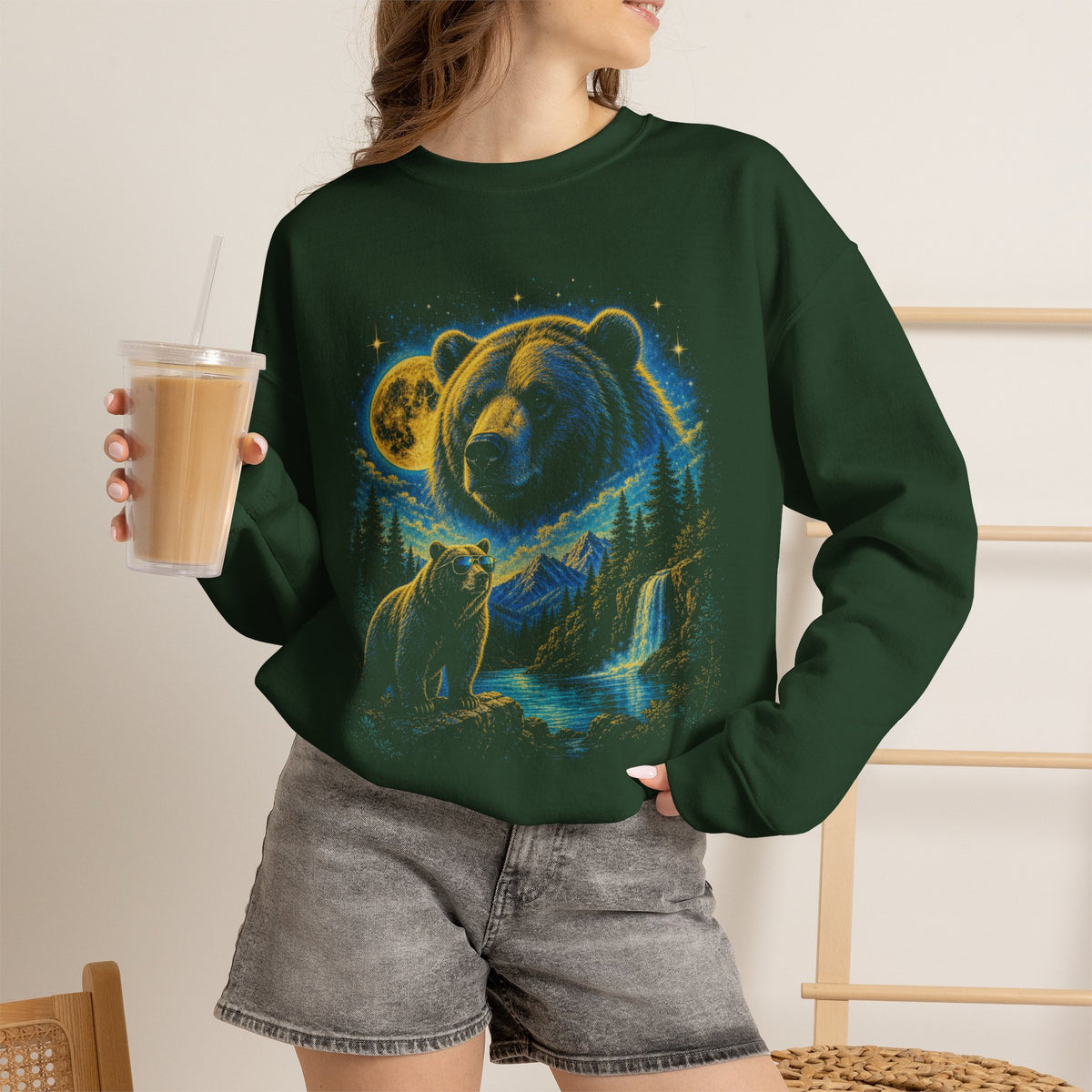 Bear Moon Forest Sweatshirt, Double Exposure Wildlife Sweatshirt, Mountain Waterfall Bear Shirt, Nature Lover Gift, Outdoor Cabin Crewneck