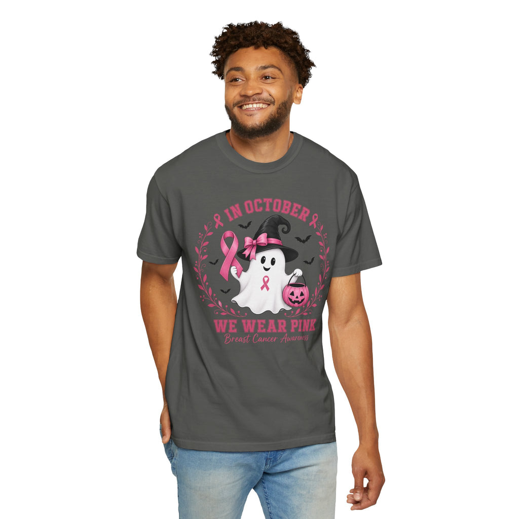 In October We Wear Pink Shirt, Breast Cancer Awareness Ghost Tee, Halloween Pink Ribbon Shirt, Cute Ghost Pumpkin Support Survivor Gift