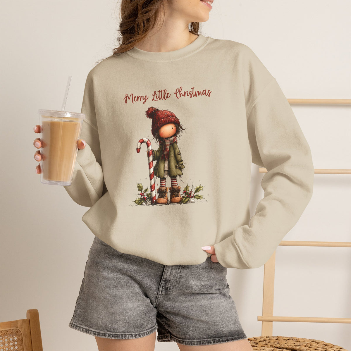 Merry Little Christmas Sweatshirt, Whimsical Girl Candy Cane Shirt, Cute Holiday Crewneck, Christmas Girl Tee, Xmas Gift Sweatshirt for Her