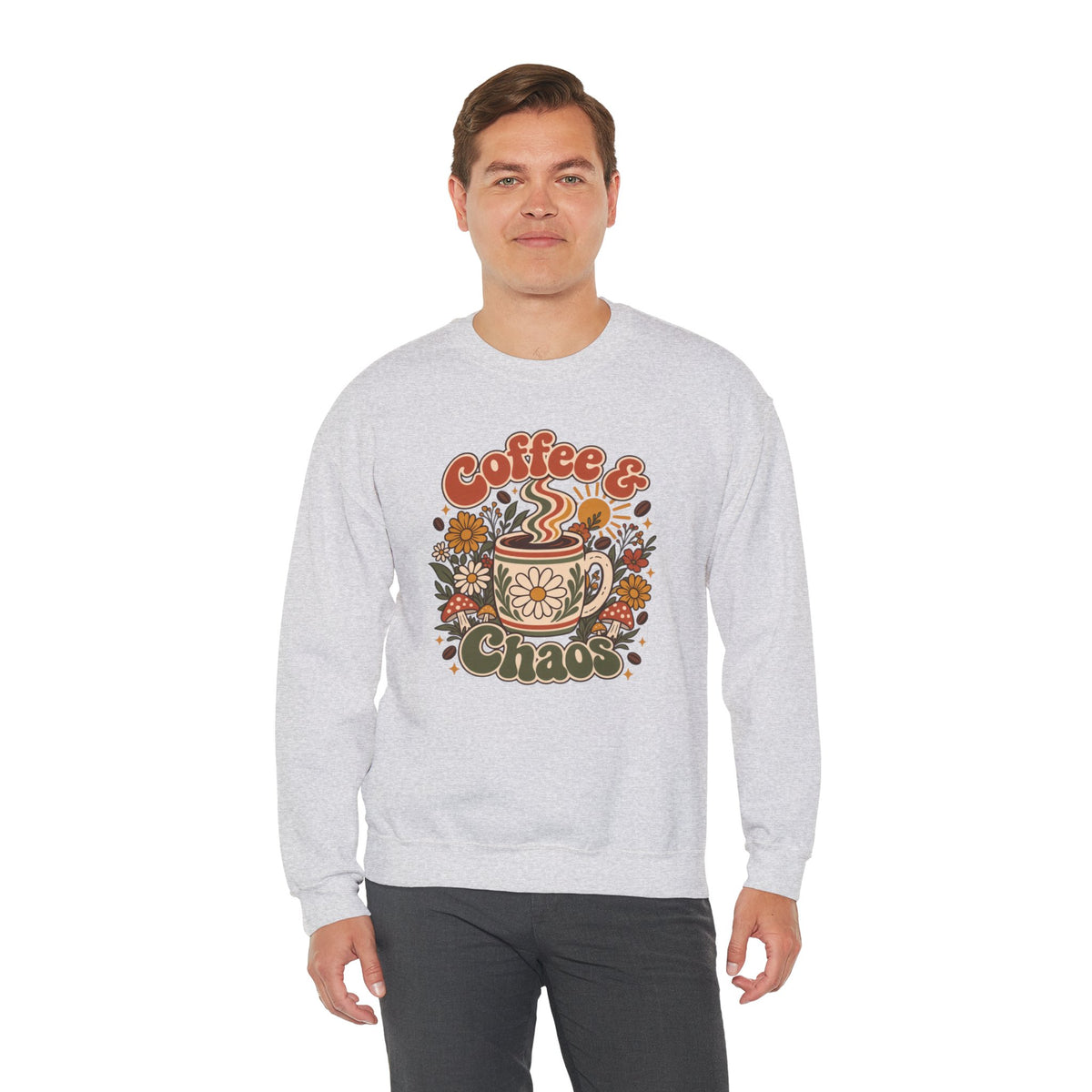 Coffee & Chaos Sweatshirt, Retro Floral Coffee Mug Shirt, Wildflower Mushroom Graphic Tee, Trendy Coffee Lover Gift, Cottagecore Crewneck