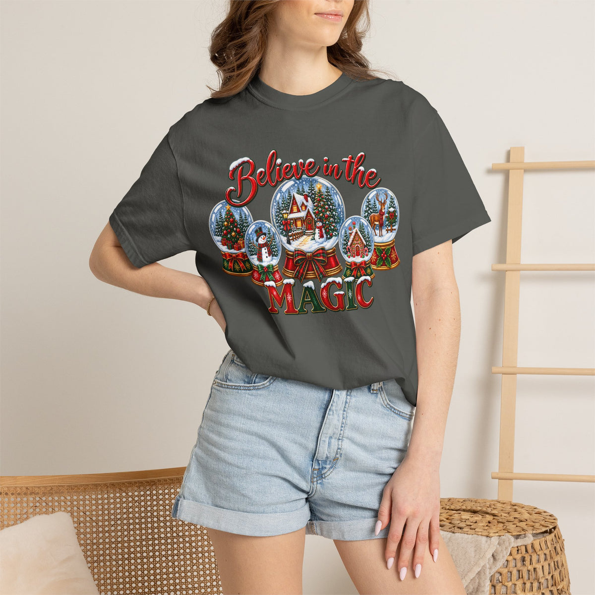 Comfort Colors Believe in the Magic Snow Globe Christmas T-shirt | Holiday Santa Village Design