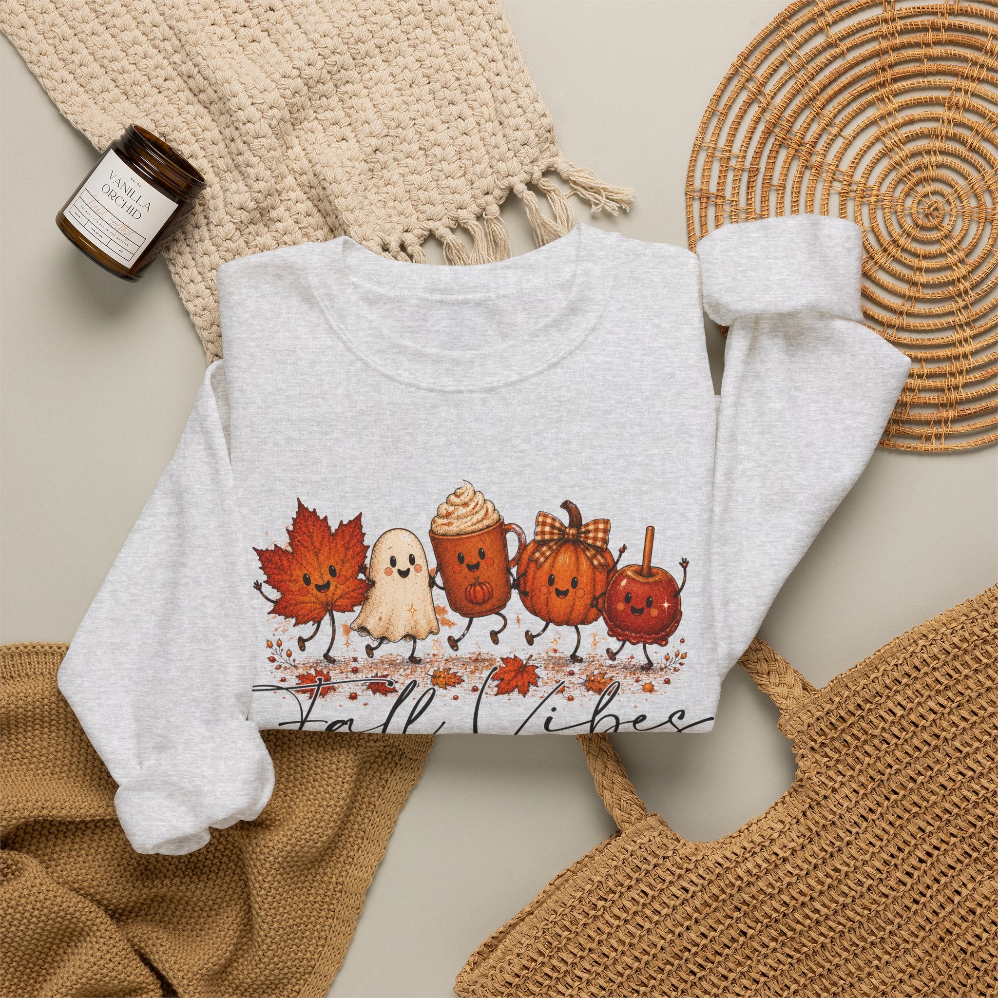 Fall Vibes Sweatshirt, Cute Autumn Characters Crewneck, Pumpkin Spice Latte Ghost Leaf Sweater, Kawaii Fall Shirt, Halloween Autumn Top