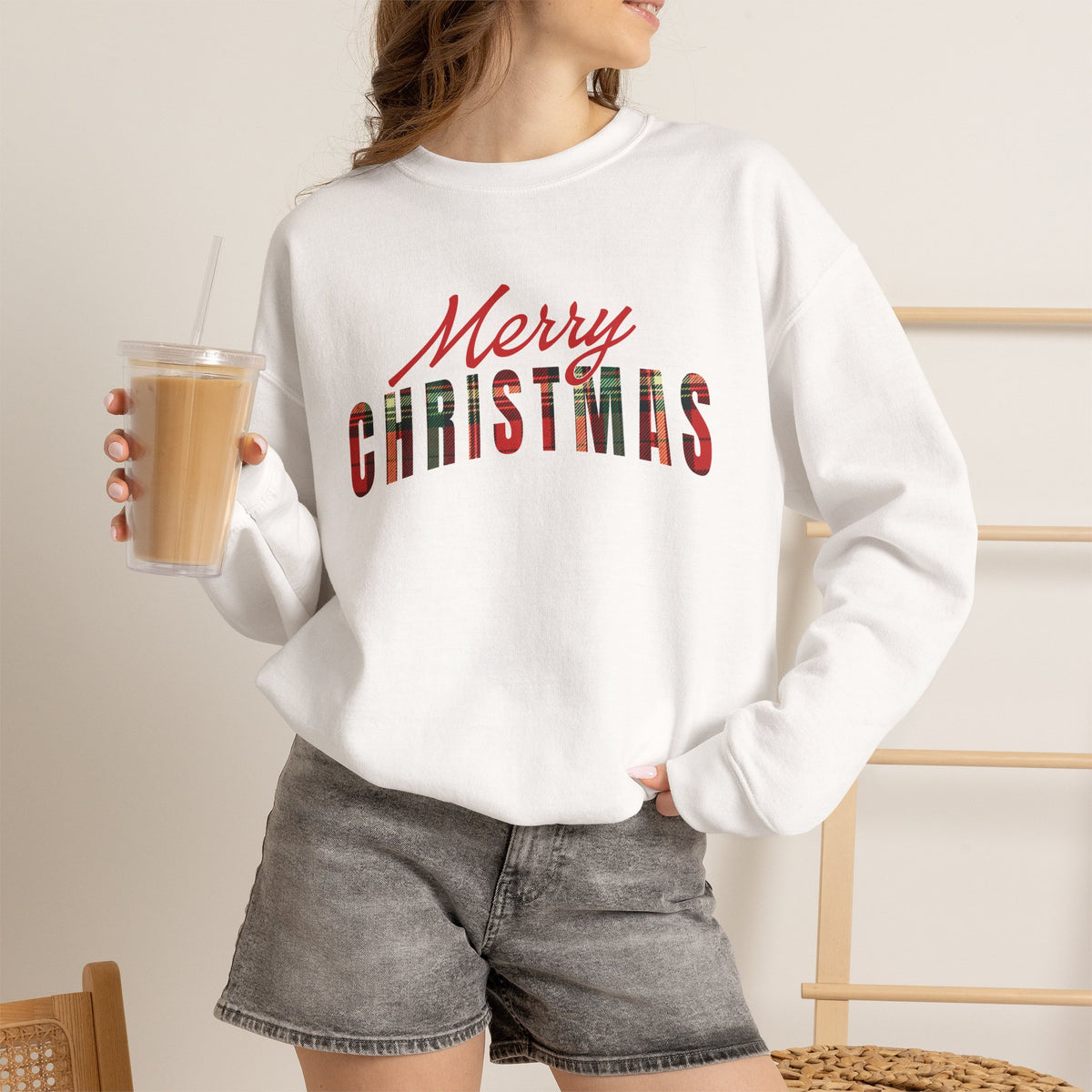 Merry Christmas Sweatshirt, Plaid Christmas Sweater, Buffalo Plaid Holiday Crewneck, Cozy Xmas Shirt, Women's Christmas Gift