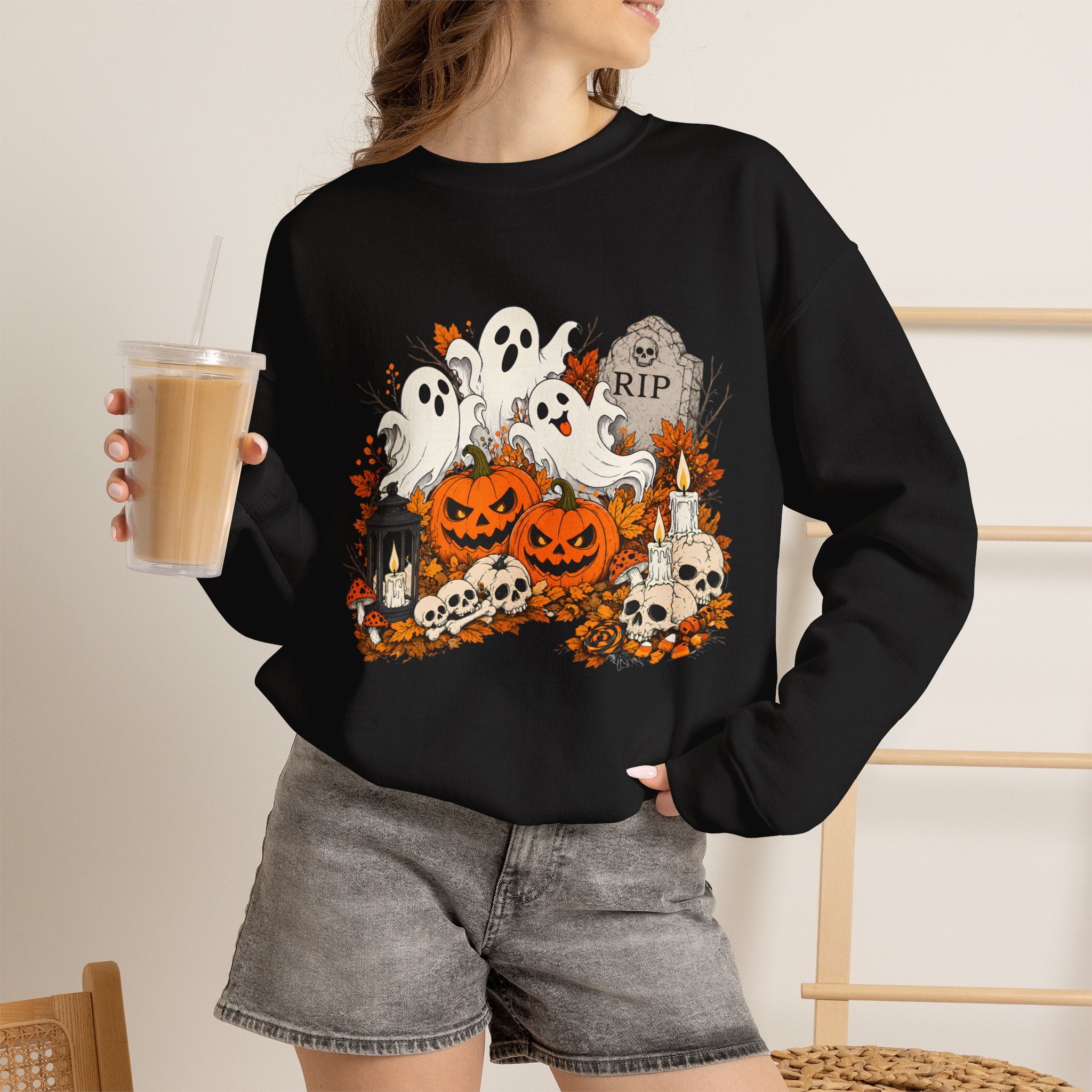 Halloween Ghost Pumpkin Sweatshirt, Spooky Graveyard Skull Crewneck, RIP Tombstone Ghost Sweater, Fall Halloween Shirt, Cute Ghost Gift