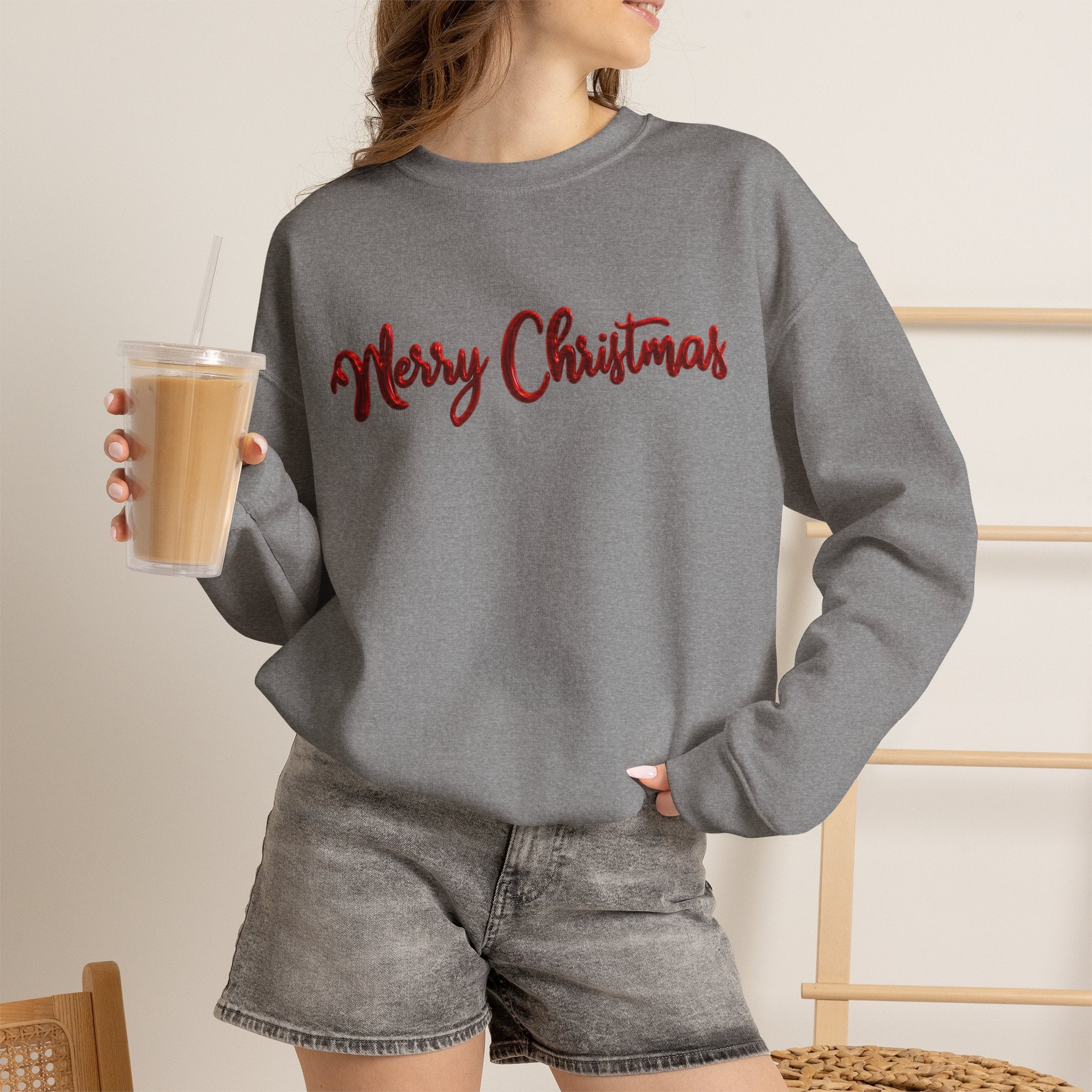 Merry Christmas Sweatshirt, Green Crewneck with Red Metallic Script Font, Christmas Shirt, Holiday Sweater, Xmas Gift for Her, Gift for Him