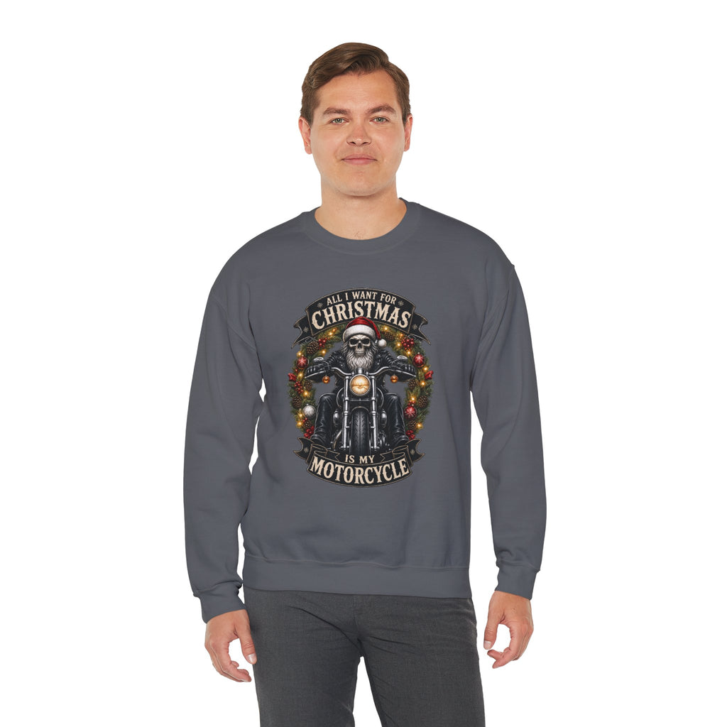 Skeleton Biker Christmas Sweatshirt, All I Want For Christmas Is My Motorcycle Shirt, Funny Biker Xmas Gift, Santa Skull Motorcycle Sweater