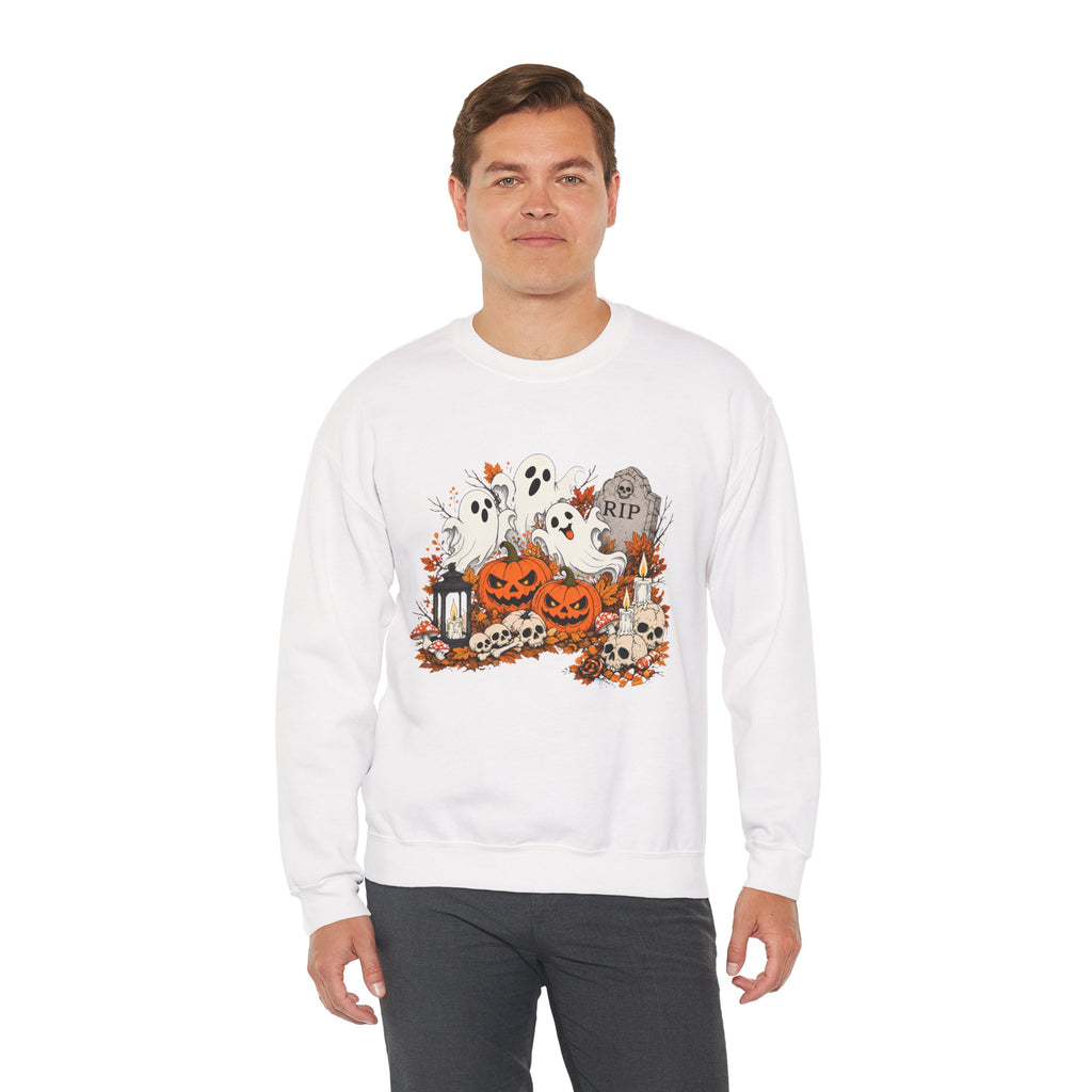 Halloween Ghost Pumpkin Sweatshirt, Spooky Graveyard Skull Crewneck, RIP Tombstone Ghost Sweater, Fall Halloween Shirt, Cute Ghost Gift