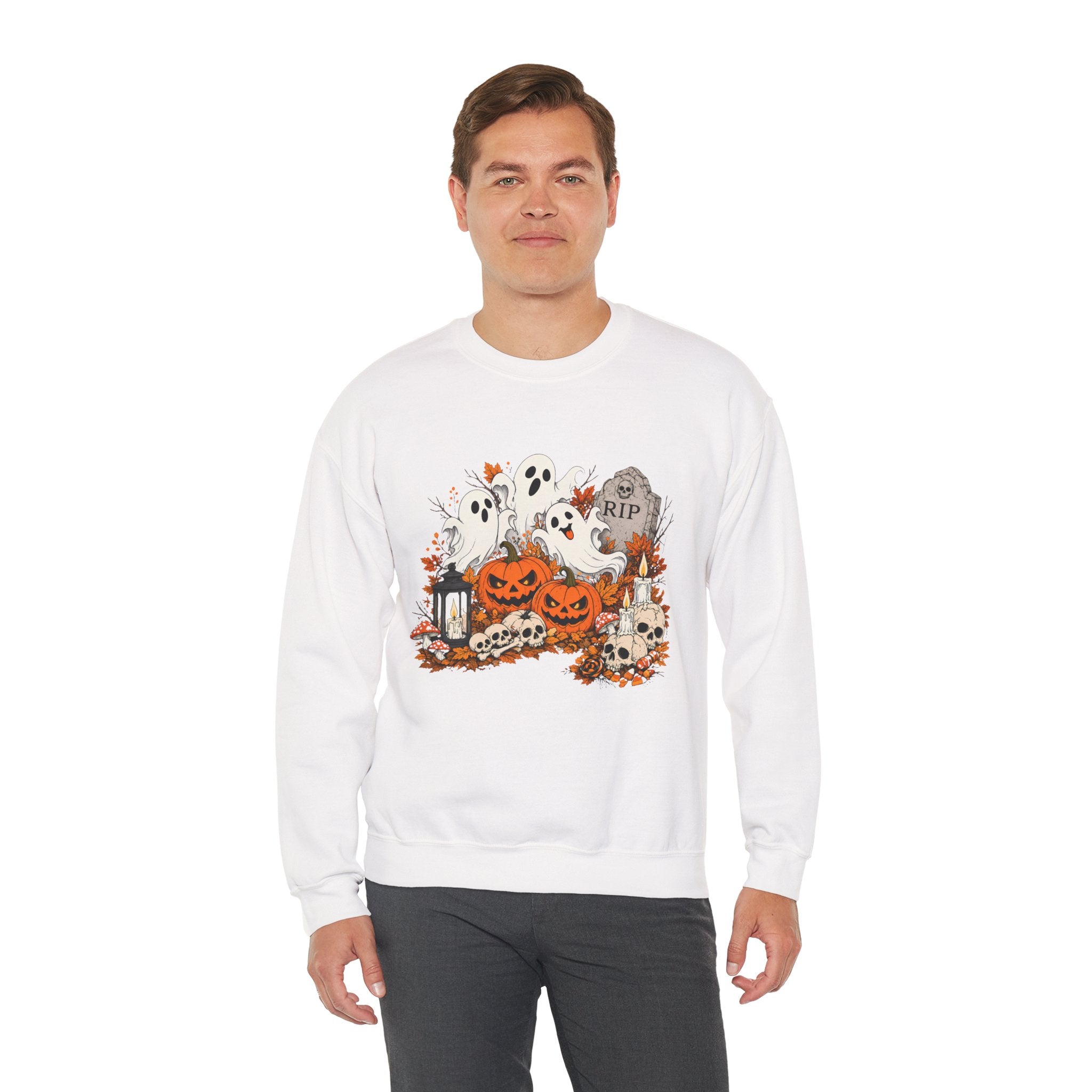 Halloween Ghost Pumpkin Sweatshirt, Spooky Graveyard Skull Crewneck, RIP Tombstone Ghost Sweater, Fall Halloween Shirt, Cute Ghost Gift