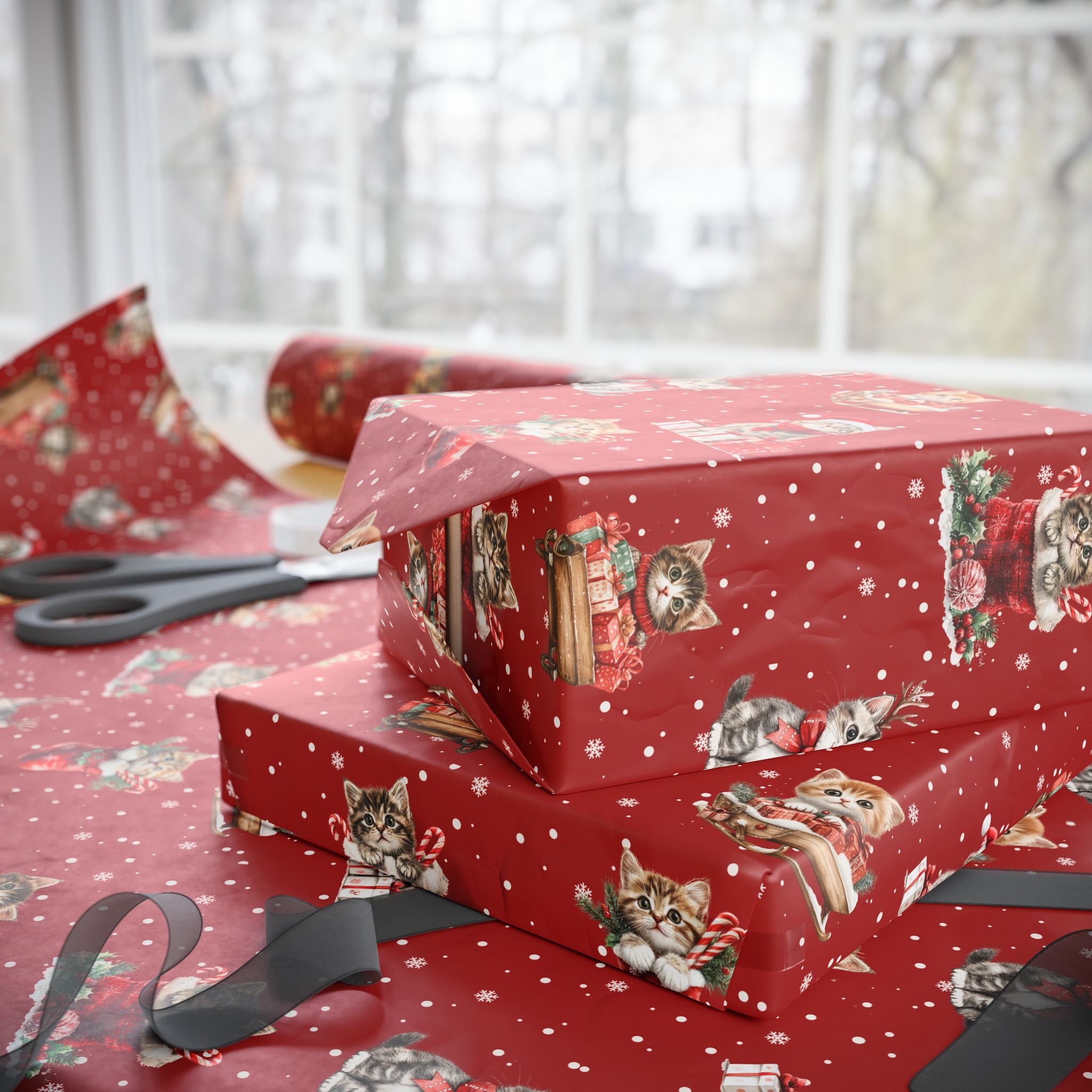 Christmas Cat Wrapping Paper, Red Kitten Gift Wrap, Cute Cat Lover Holiday Wrap, Vintage Christmas Kitty Wrapping Paper