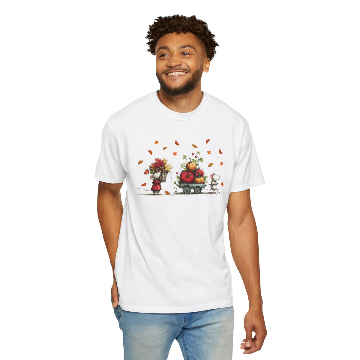 Comfort Color Fall Pumpkin Wagon Autumn Harvest T-Shirt, Thanksgiving Fall Leaves Shirt, Watercolor Pumpkin Apple Cart, Gift for Fall Lovers