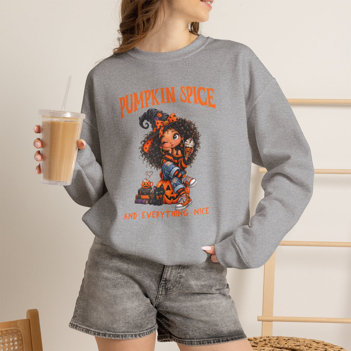 Pumpkin Spice and Everything Nice Sweatshirt, Curly Hair Girl Fall Crewneck, Halloween Pumpkin Sweater, Autumn Coffee Fall Shirt Gift