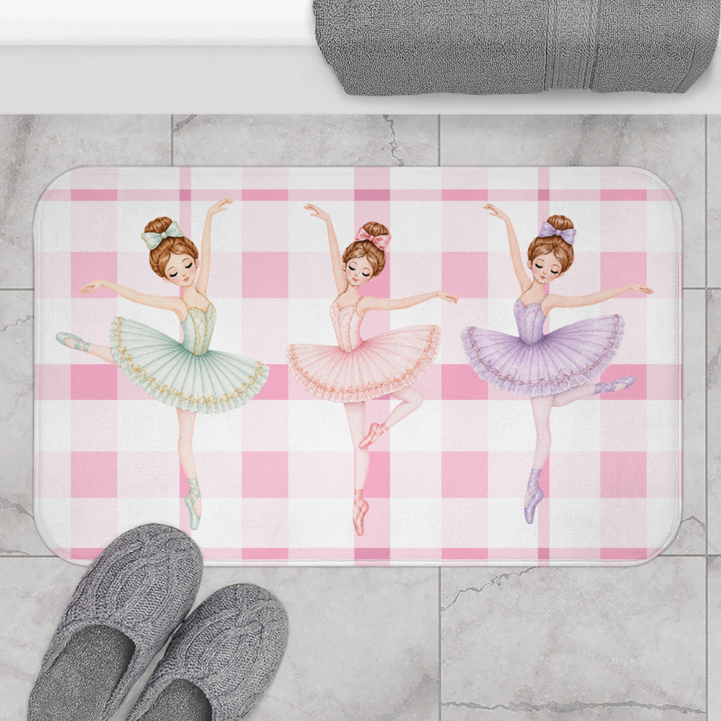Ballerina Bath Mat, Pink Gingham Ballet Bathroom Rug, Girls Coquette Bathroom Decor, Dance Studio Gift, Pink Plaid Kids Bath Mat Nursery