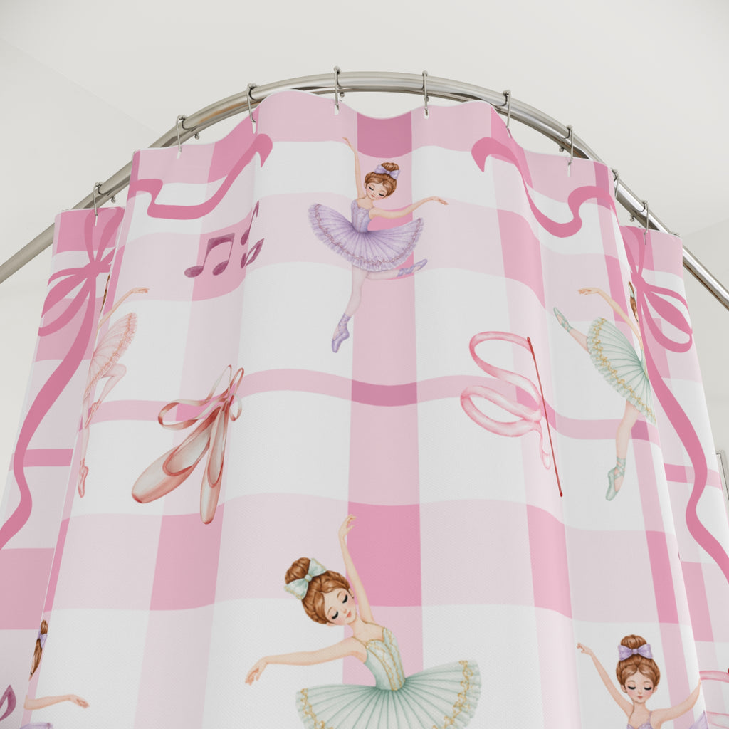 Ballerina Shower Curtain, Pink Gingham Ballet Bathroom Decor, Girls Bathroom Coquette Bow Dance Studio Gift, Pink Plaid Kids Bath Decor