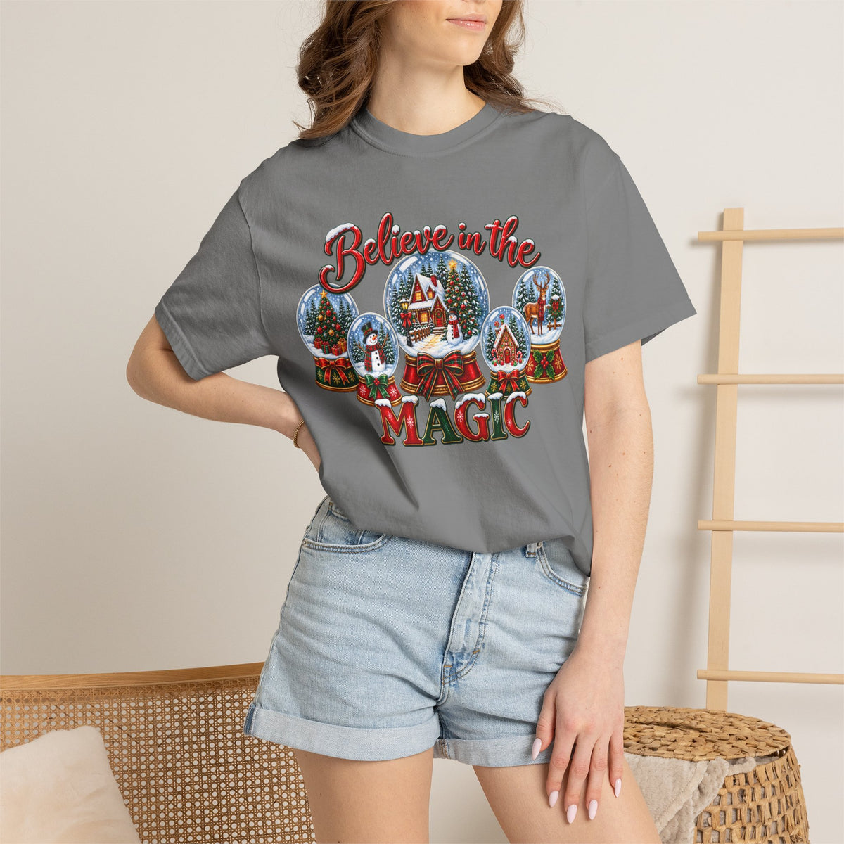 Comfort Colors Believe in the Magic Snow Globe Christmas T-shirt | Holiday Santa Village Design