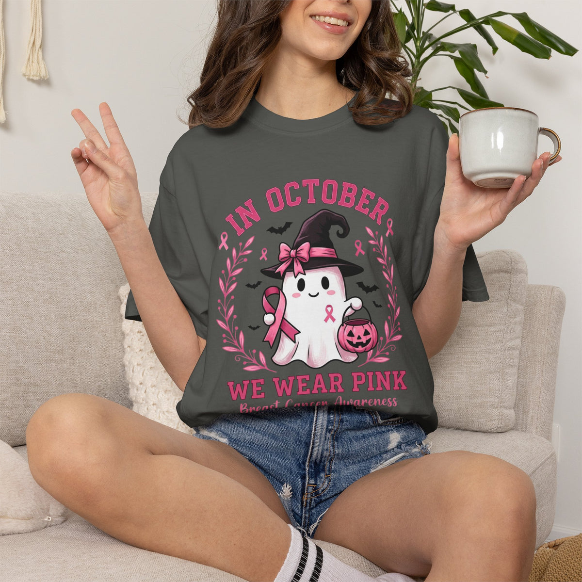 In October We Wear Pink Shirt, Breast Cancer Awareness Ghost Tee, Halloween Pink Ribbon Shirt, Cute Ghost Pumpkin Support Survivor Gift