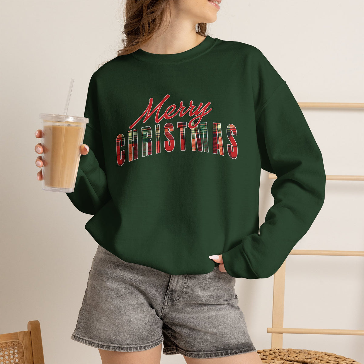Merry Christmas Sweatshirt, Plaid Christmas Sweater, Buffalo Plaid Holiday Crewneck, Cozy Xmas Shirt, Women's Christmas Gift