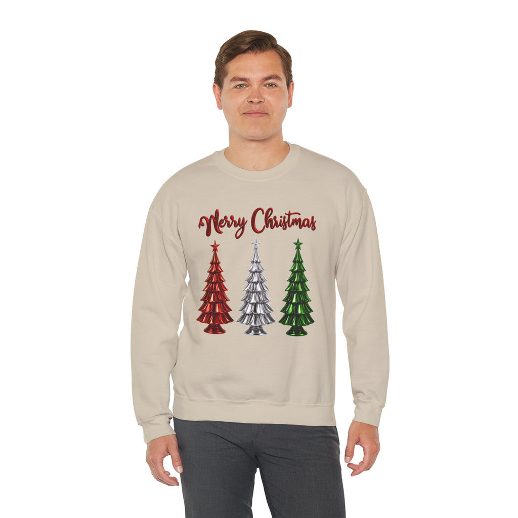 Merry Christmas Sweatshirt, Three Christmas Trees Shirt, Metallic Trees Sweater, Forest Green Christmas Crewneck, Holiday Gift for Her