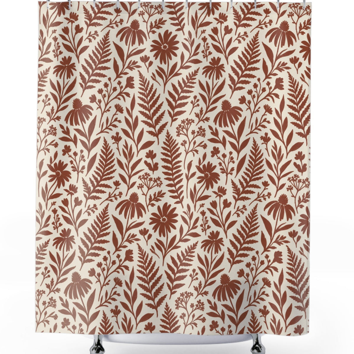 Boho Terracotta Fern Shower Curtain, Botanical Leaf Bathroom Decor, Rust Wildflower Print, Cottagecore Bath Curtain, Farmhouse Bathroom