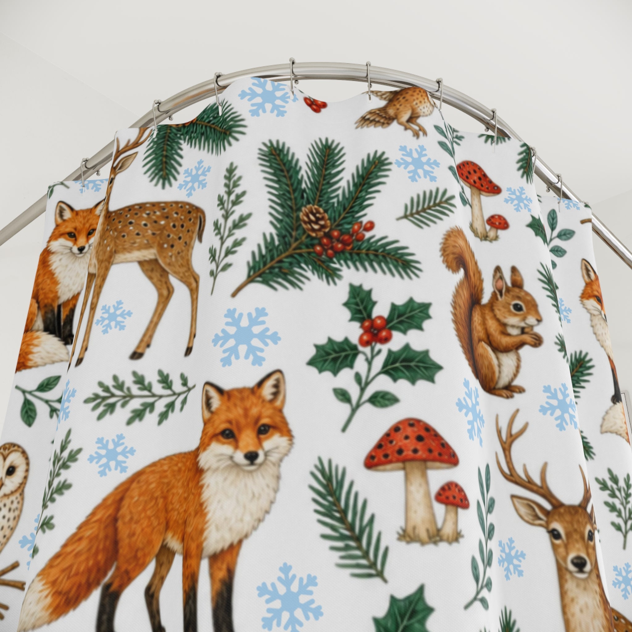 Woodland Animals Shower Curtain, Fox Deer Owl Rabbit Squirrel Bathroom Decor, Christmas Winter Forest Bath Curtain, Cottagecore Home Gift