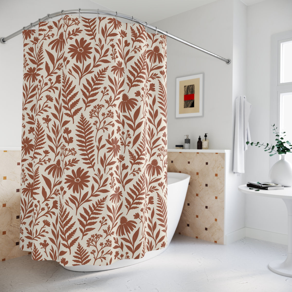 Boho Terracotta Fern Shower Curtain, Botanical Leaf Bathroom Decor, Rust Wildflower Print, Cottagecore Bath Curtain, Farmhouse Bathroom
