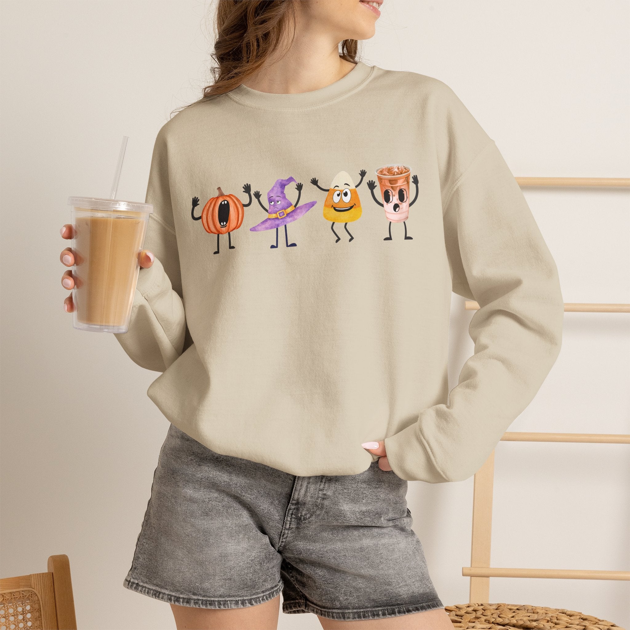 Halloween Sweatshirt Women Dancing Pumpkin Candy Corn Witch Hat Iced Coffee Crewneck Fall Fun Cute Halloween Party Shirt Gift