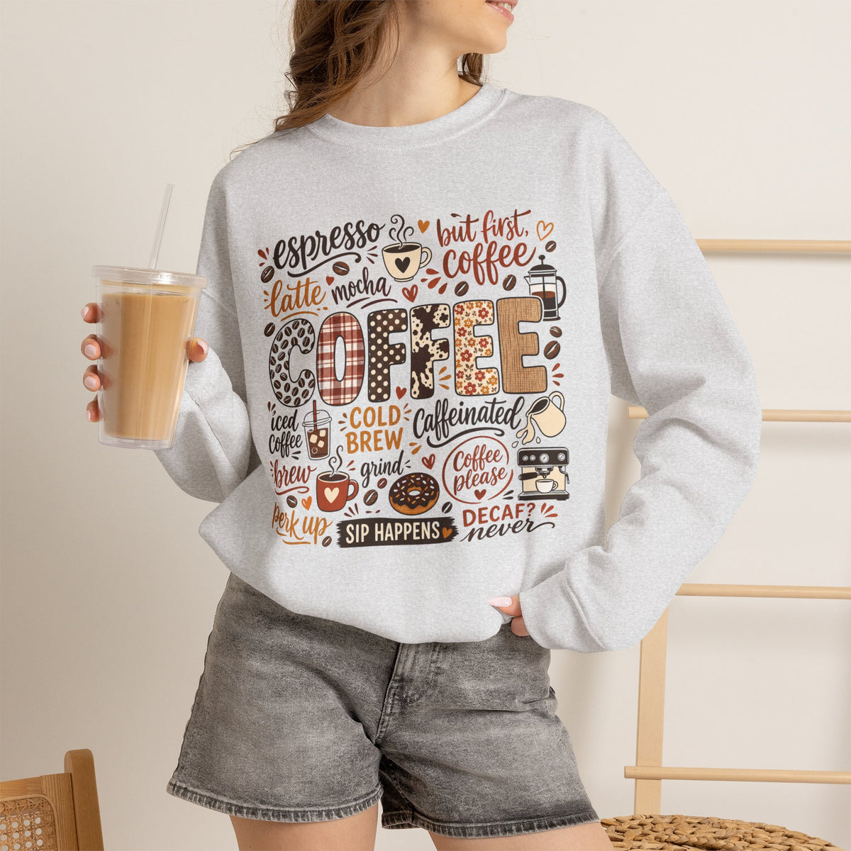 Coffee Lover Word Collage, Funny Coffee Quotes Design, Espresso Latte Mocha Iced Coffee Shirt Design, Sip Happens