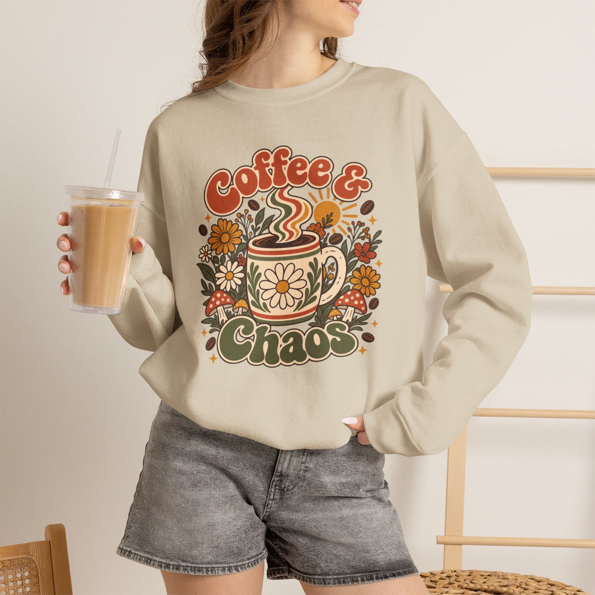Coffee & Chaos Sweatshirt, Retro Floral Coffee Mug Shirt, Wildflower Mushroom Graphic Tee, Trendy Coffee Lover Gift, Cottagecore Crewneck