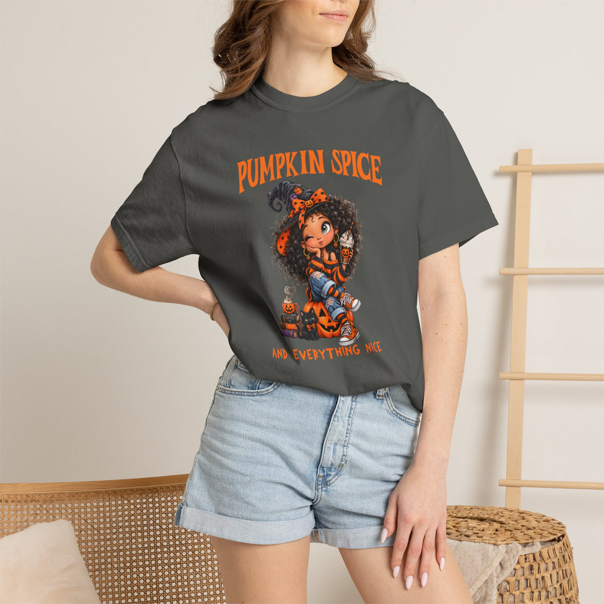 Pumpkin Comfort Colors Spice and Everything Nice T-Shirt, Cute Halloween and Fall Crewneck Trendy T-Shirt, Autumn Coffee Fall Shirt Gift