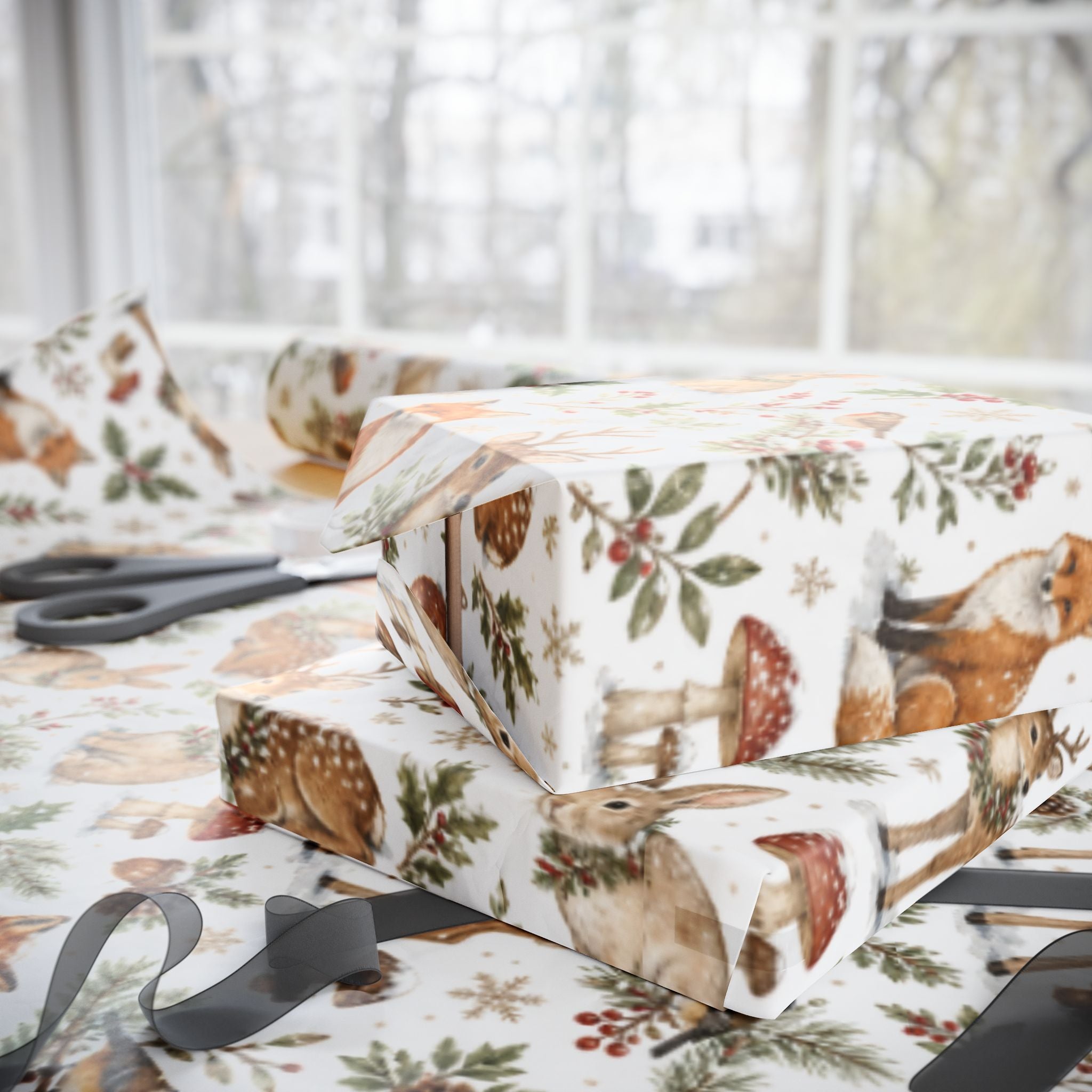 Woodland Deer and Pinecones Wrapping Paper | Holiday Gift Wrap Roll