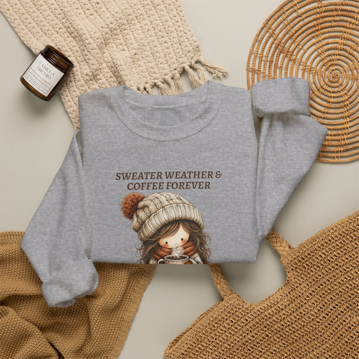 Sweater Weather & Coffee Forever Sweatshirt, Fall Girl Coffee Cup Shirt, Cozy Autumn Crewneck, Cute Boho Fall Vibes Tee, Coffee Lover Gift
