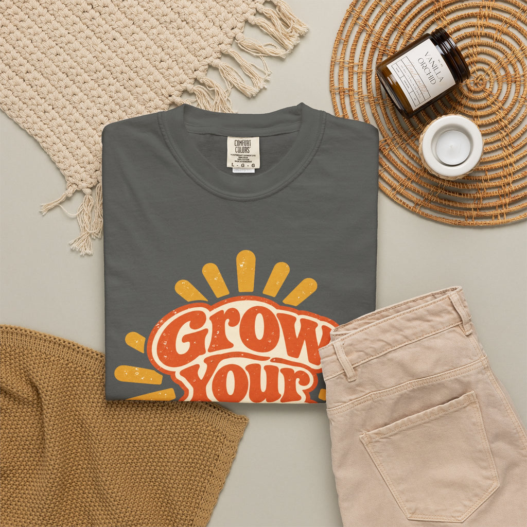 Comfort Color Grow Your Own Way Shirt, Retro Sunburst Graphic Tee, Boho Motivational T-Shirt, Positive Vibes Gift for Her, Inspirational