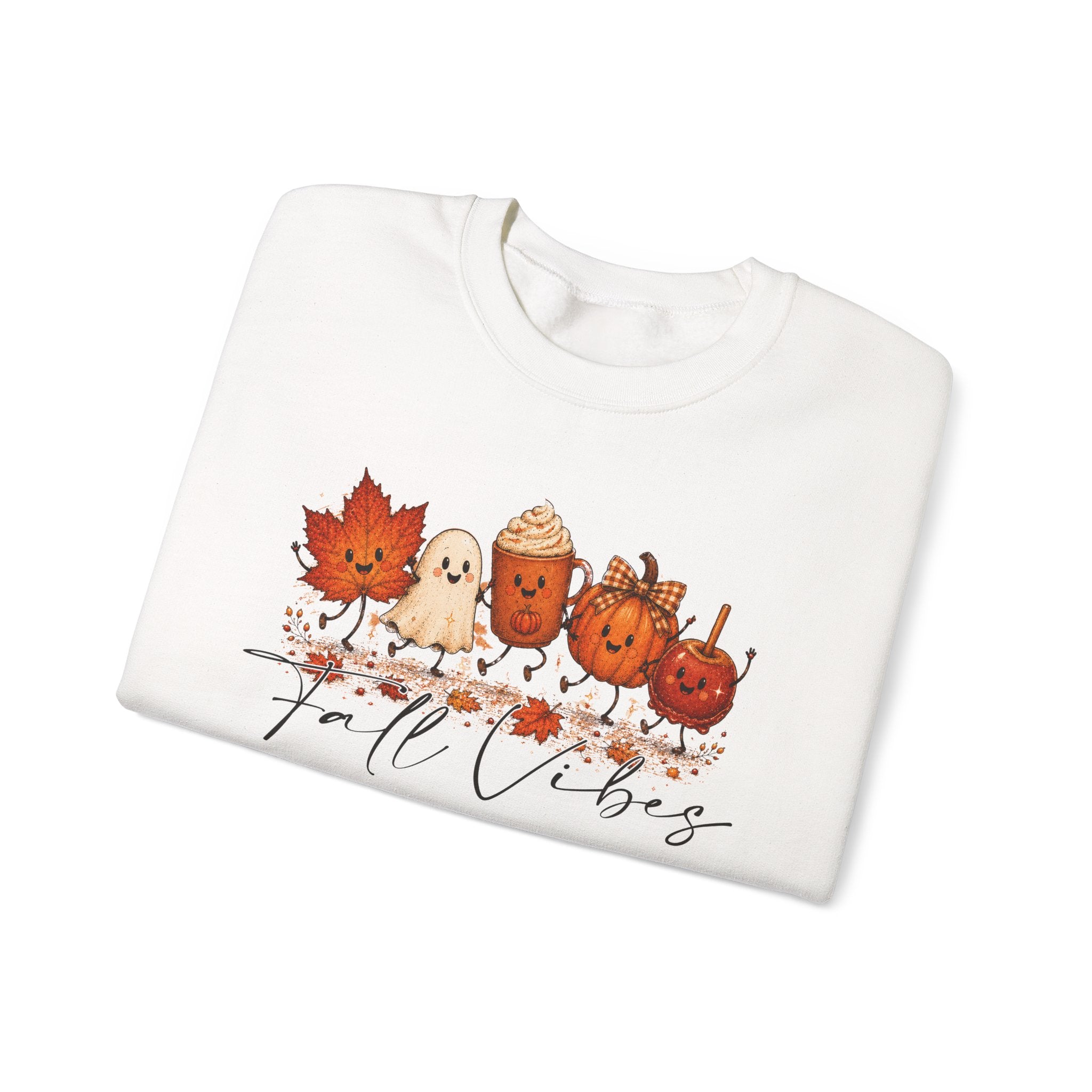 Fall Vibes Sweatshirt, Cute Autumn Characters Crewneck, Pumpkin Spice Latte Ghost Leaf Sweater, Kawaii Fall Shirt, Halloween Autumn Top