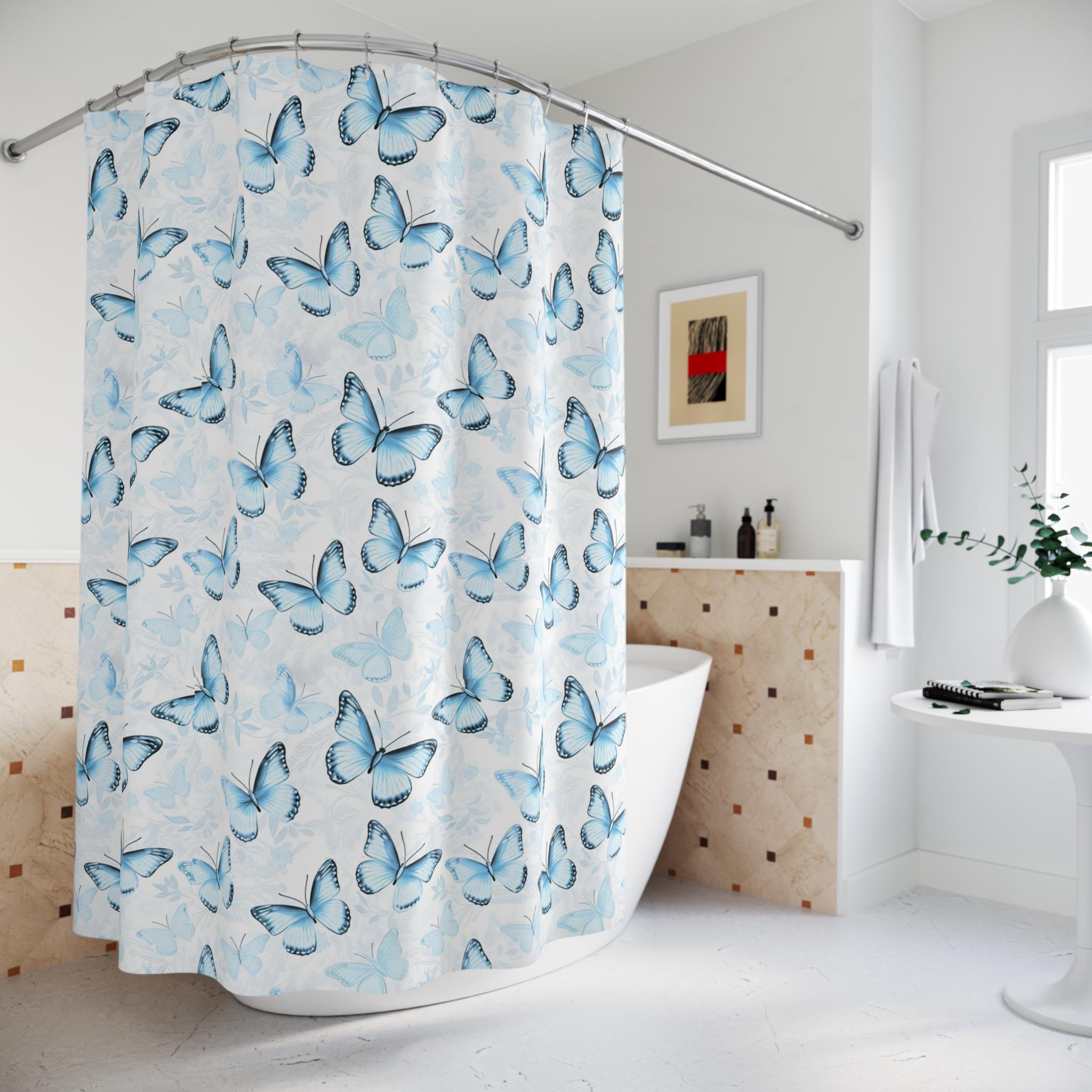 Blue Butterfly Shower Curtain, Aesthetic Bathroom Decor, Morpho Butterfly Bath Curtain, Cottagecore Shower Curtain, Boho Bathroom Decor