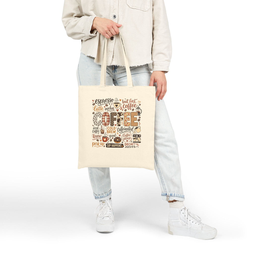 Coffee Typography Tote Bag, Coffee Lover Canvas Tote, Espresso Latte Cafe Design, Cute Coffee Bag Gift, Boho Coffee Tote for Her