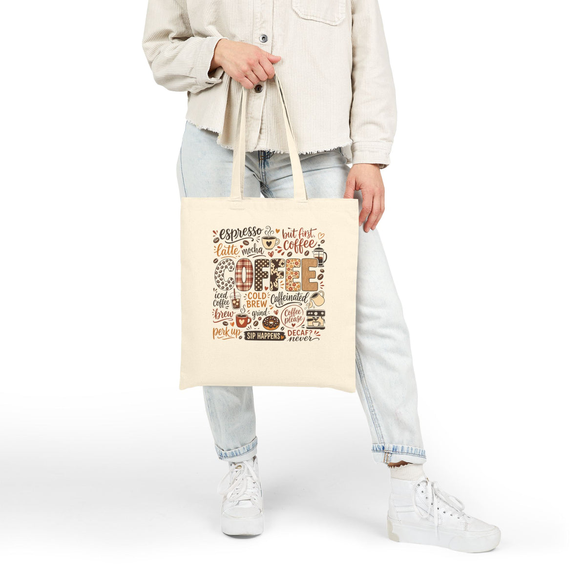 Coffee Typography Tote Bag, Coffee Lover Canvas Tote, Espresso Latte Cafe Design, Cute Coffee Bag Gift, Boho Coffee Tote for Her