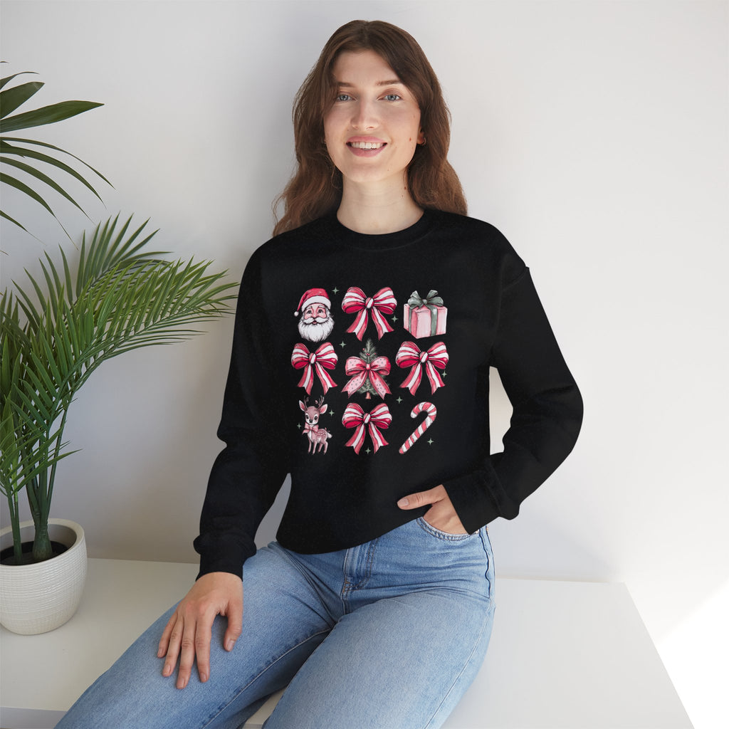 Pink Christmas bows and icons Crewneck Sweatshirt | Santa, reindeer, candy cane