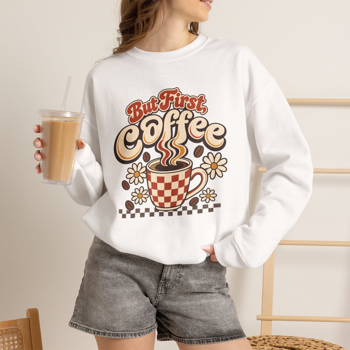 But First Coffee Shirt, Retro Checkered Mug Daisy Sweatshirt, Groovy Coffee Lover Tee, Trendy Coffee Shirt, Retro Floral Coffee Gift Shirt