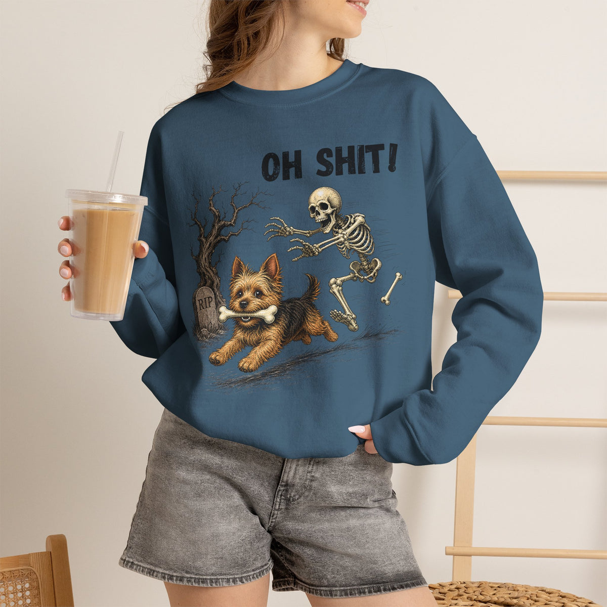 OH SHIT! Funny Skeleton Halloween Sweatshirt, Yorkie Terrier Dog Lover Shirt, Funny Fall Sweatshirt, Halloween Dog Mom Gift, Trick Treat