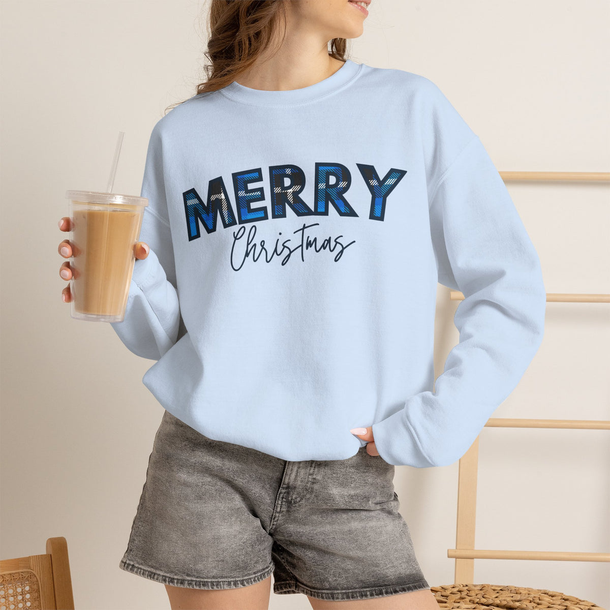 Merry Christmas Blue Plaid Sweatshirt | Buffalo Check Christmas Shirt | Winter Holiday Crewneck | Xmas Gift for Her | Cozy Christmas Top